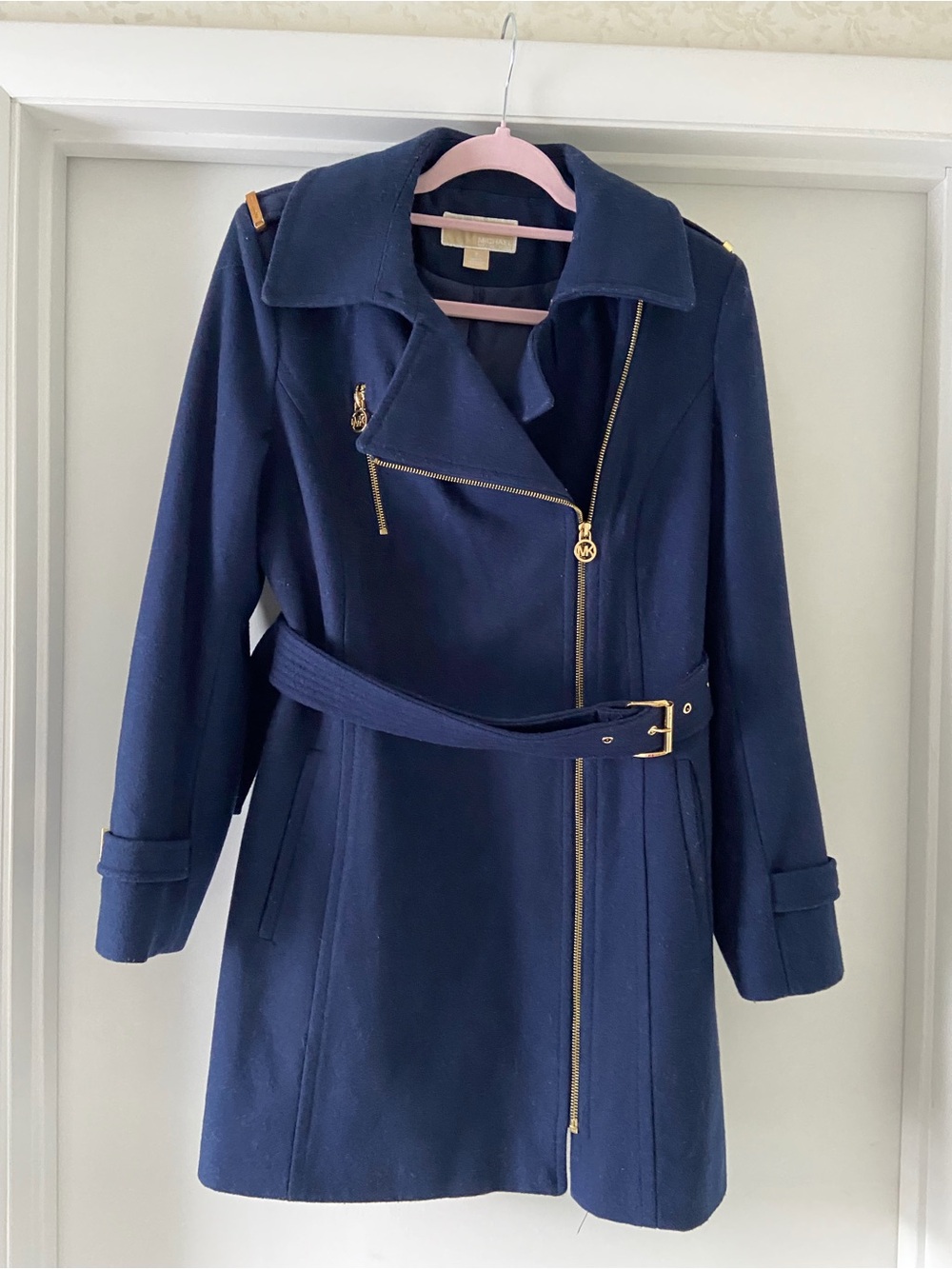 Michael Kors Navy Asymmetrical Zip Trench Coat with Gold Hardware